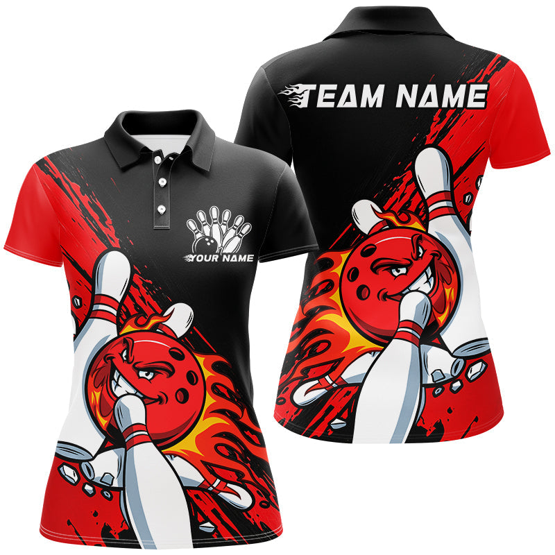 Black And Red Custom Funny Ladies Bowling Shirts, Flame Bowling Team Shirt Bowlers Outfits IPHW7618