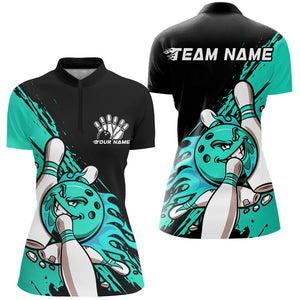 Greeny Blue Custom Funny Ladies Bowling Shirts, Flame Bowling Team Shirt Bowlers Outfits IPHW7620