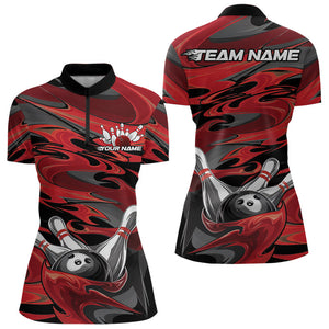 Black And Red Camo Custom Flame Bowling Quarter-Zip Shirts For Women, Bowling Team Uniform IPHW8028