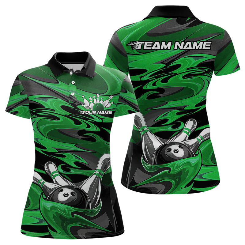 Black And Green Camo Custom Flame Bowling Polo Shirts For Women, Flame Bowling Team Uniform IPHW8029