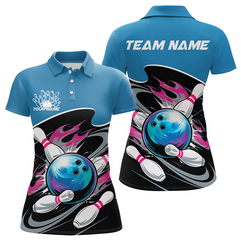 Black And Blue Custom Bowling Jerseys, Bowling Team Polo Shirts For Women IPHW8036