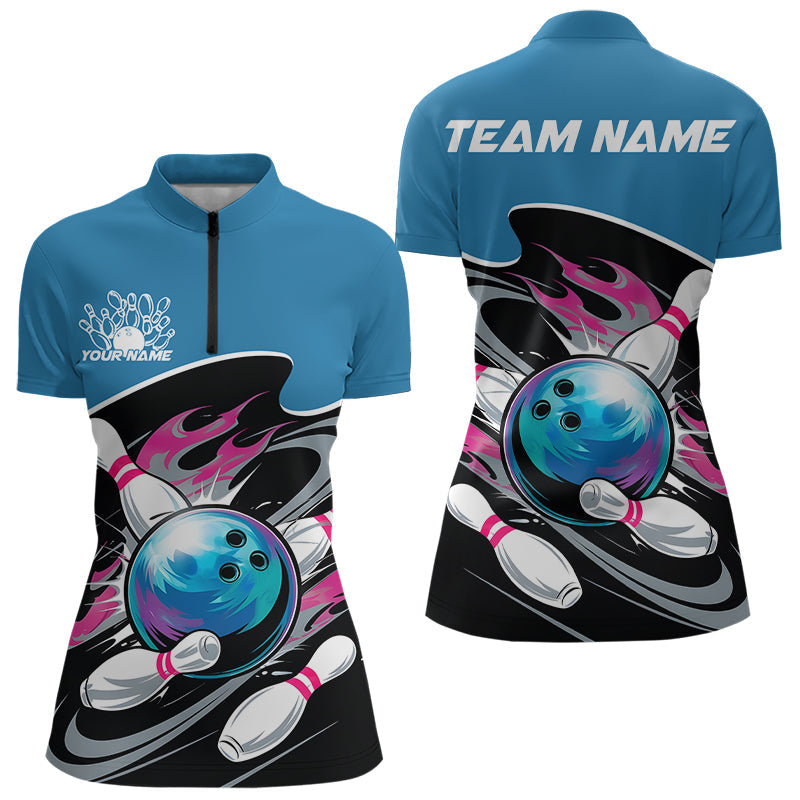 Black And Blue Custom Bowling Jerseys, Bowling Team Quarter-Zip Shirts For Women IPHW8036
