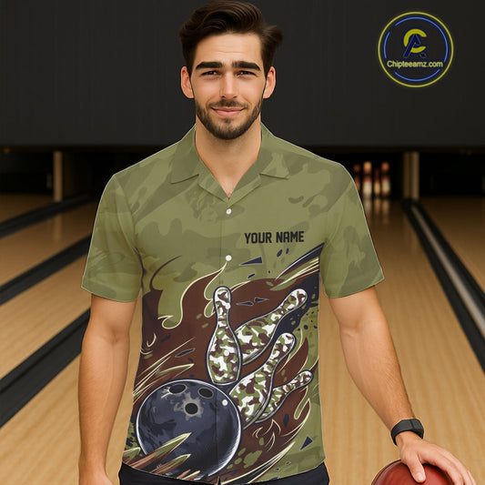 Custom Military Camo Men And Women Bowling Shirt, Patriotic Veteran Flame Camouflage Team Shirt IPHW8038