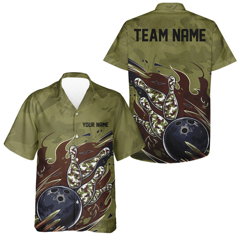 Custom Military Camo Men And Women Bowling Shirt, Patriotic Veteran Flame Camouflage Team Shirt IPHW8038