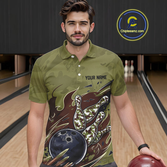 Custom Military Camo Bowling Polo Shirts For Men, Patriotic Veteran Bowling Team Shirt IPHW8038