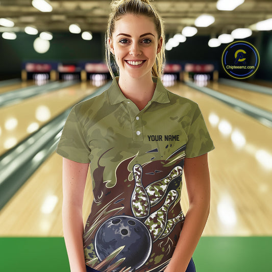Custom Military Camo Bowling Polo Shirts For Women, Patriotic Veteran Bowling Team Shirt IPHW8038
