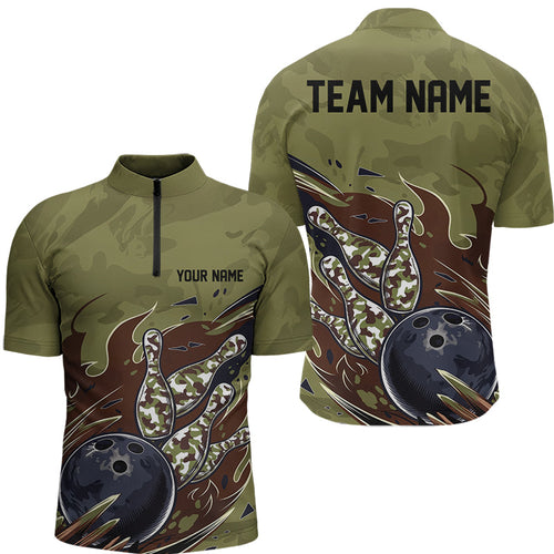 Custom Military Camo Bowling Quarter-Zip Shirts For Men, Patriotic Veteran Bowling Team Shirt IPHW8038