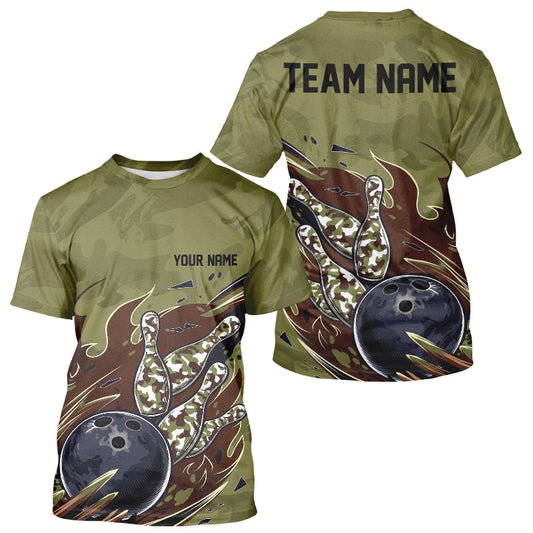 Custom Military Camo Men Bowling, Patriotic Veteran Flame Camouflage Team IPHW8038