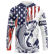 Load image into Gallery viewer, Flame American Flag Custom Striped Bass Long Sleeve Fishing Shirts, Patriotic Striper Fishing Jersey IPHW5955