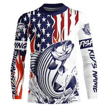 Load image into Gallery viewer, Flame American Flag Custom Striped Bass Long Sleeve Fishing Shirts, Patriotic Striper Fishing Jersey IPHW5955