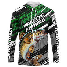 Load image into Gallery viewer, Walleye Fishing Camo Long Sleeve Fishing Shirts, Custom Walleye Tournament Fishing Jerseys | Green IPHW5956