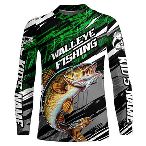 Walleye Fishing Camo Long Sleeve Fishing Shirts, Custom Walleye Tournament Fishing Jerseys | Green IPHW5956