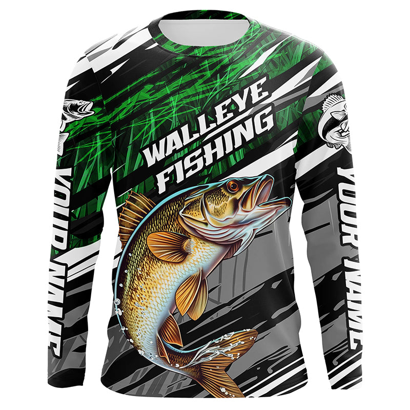 Walleye Fishing Camo Long Sleeve Fishing Shirts, Custom Walleye Tournament Fishing Jerseys | Green IPHW5956