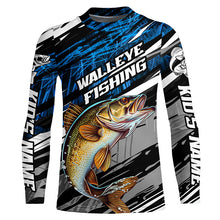 Load image into Gallery viewer, Walleye Fishing Camo Long Sleeve Fishing Shirts, Custom Walleye Tournament Fishing Jerseys | Blue IPHW5957