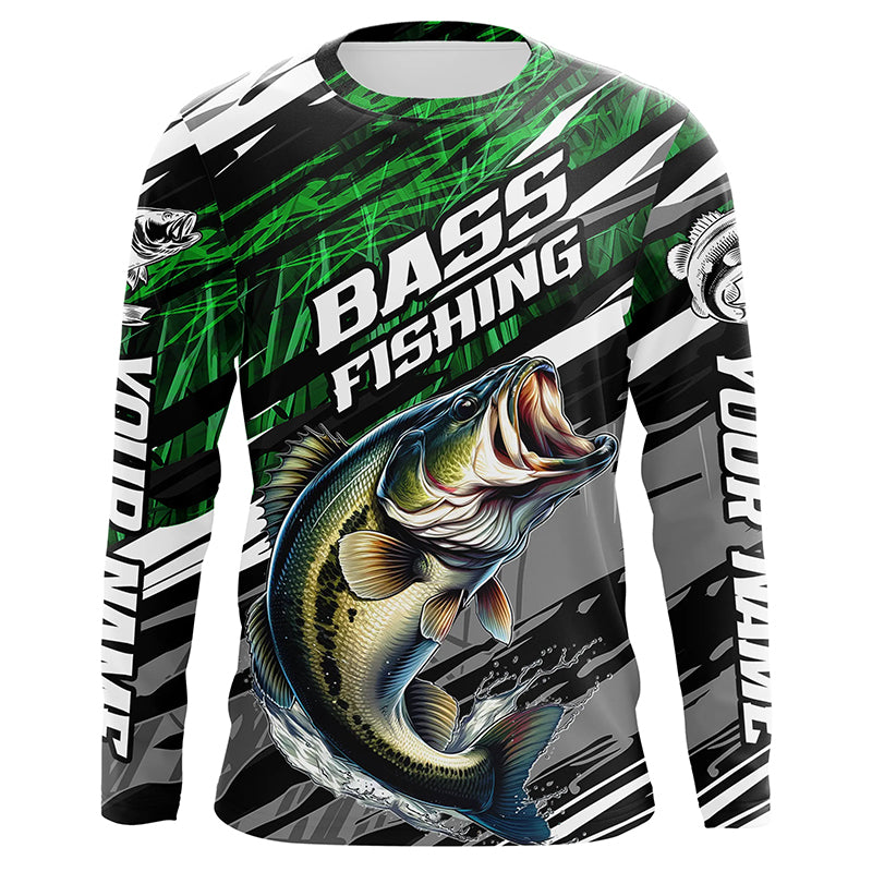 Bass Fishing Camo Long Sleeve Fishing Shirts, Custom Bass Tournament Fishing Jerseys | Green IPHW5958