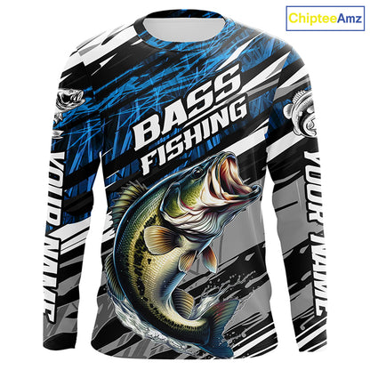 Bass Fishing Camo Long Sleeve Fishing Shirts, Custom Bass Tournament Fishing Jerseys | Blue IPHW5959