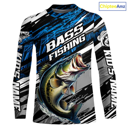 Bass Fishing Camo Long Sleeve Fishing Shirts, Custom Bass Tournament Fishing Jerseys | Blue IPHW5959