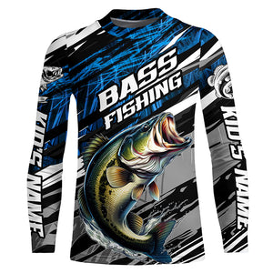 Bass Fishing Camo Long Sleeve Fishing Shirts, Custom Bass Tournament Fishing Jerseys | Blue IPHW5959