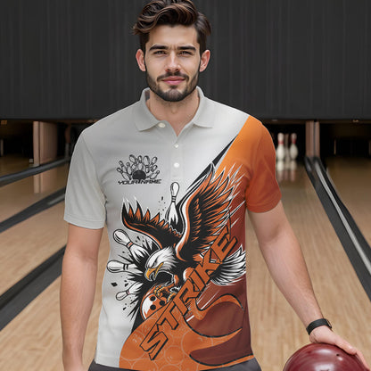 Custom Orange Eagle Bowling Team Men Polo Shirts, Eagle Bowling League Shirt Bowlers Outfit IPHW8754
