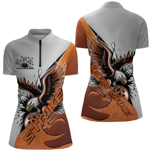Custom Orange Eagle Bowling Team Women Quarter-Zip Shirt, Bowling Team Shirt Bowlers Outfit IPHW8754