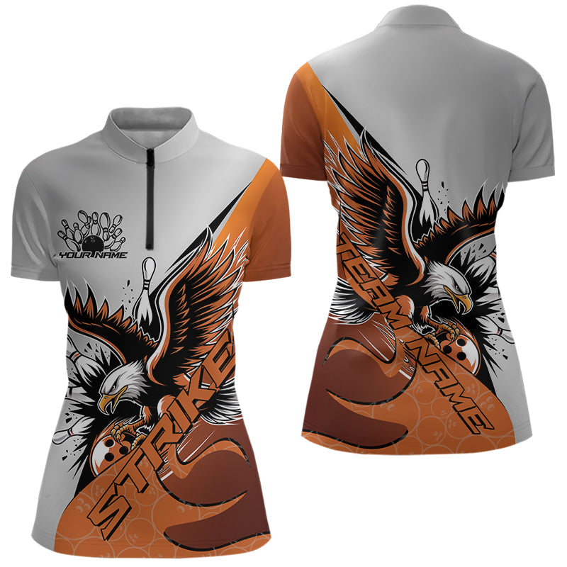 Custom Orange Eagle Bowling Team Women Quarter-Zip Shirt, Bowling Team Shirt Bowlers Outfit IPHW8754