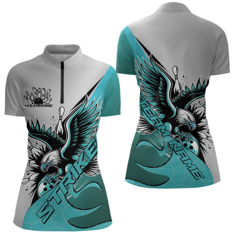 Custom Blue Eagle Bowling Team Women Quarter-Zip Shirt, Bowling Team Shirt Bowlers Outfit IPHW8755