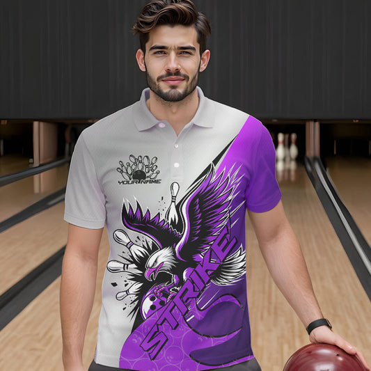 Custom Purple Eagle Bowling Team Men Polo Shirts, Eagle Bowling League Shirt Bowlers Outfit IPHW8756