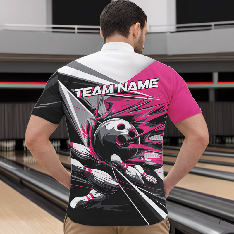 Custom Black And Pink Striking Bowling Quarter-Zip Shirts For Men, Team Uniform Bowlers Outfits IPHW8764
