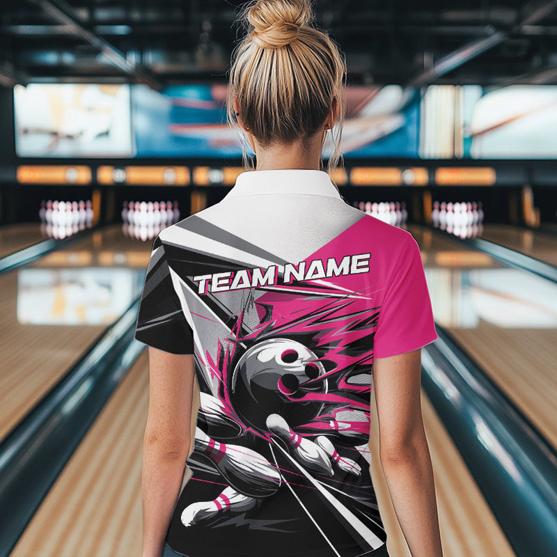 Custom Black And Pink Striking Bowling Womens Quarter-Zip Shirts, Team Bowlers Outfits IPHW8764