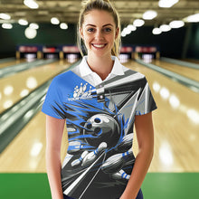Load image into Gallery viewer, Custom Black And Blue Striking Bowling Polo Shirts For Women, Team Uniform Bowlers Outfits IPHW8765