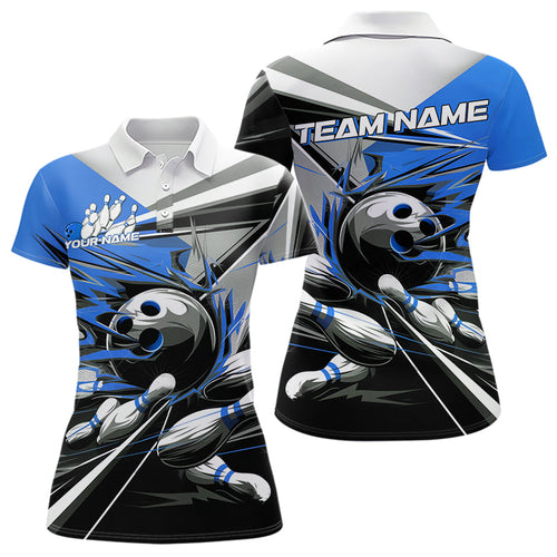 Custom Black And Blue Striking Bowling Polo Shirts For Women, Team Uniform Bowlers Outfits IPHW8765