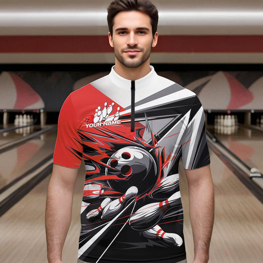 Custom Black And Red Striking Bowling Quarter-Zip Shirts For Men, Team Uniform Bowlers Outfits IPHW8766
