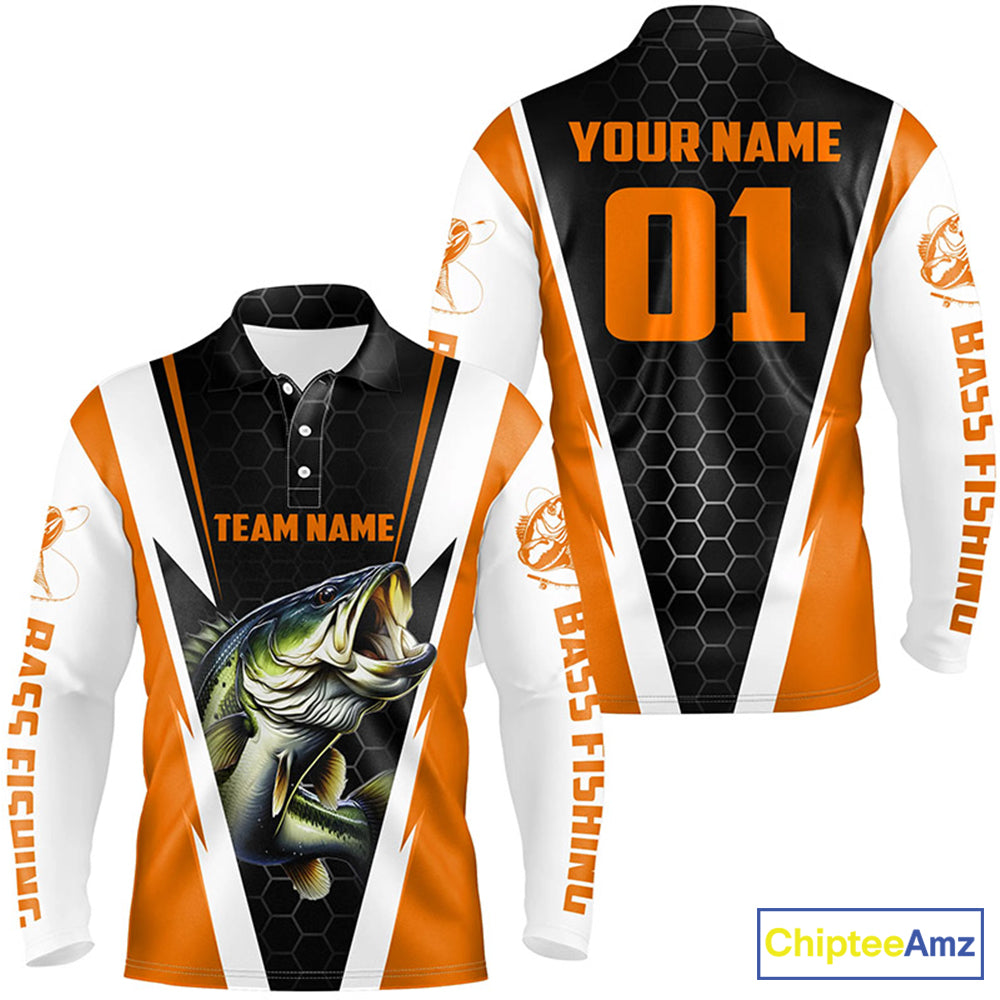 Personalized Bass Fishing Jerseys, Bass Fishing Team Long Sleeve Polo Shirts | Orange IPHW4382