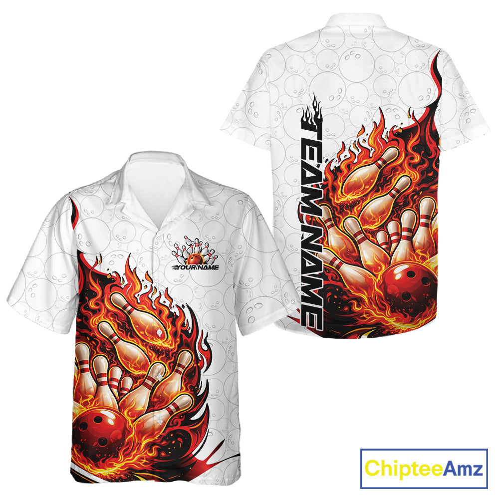 Front and back views of a white and red button-up bowling shirt showcasing fiery bowling ball and pin graphics.