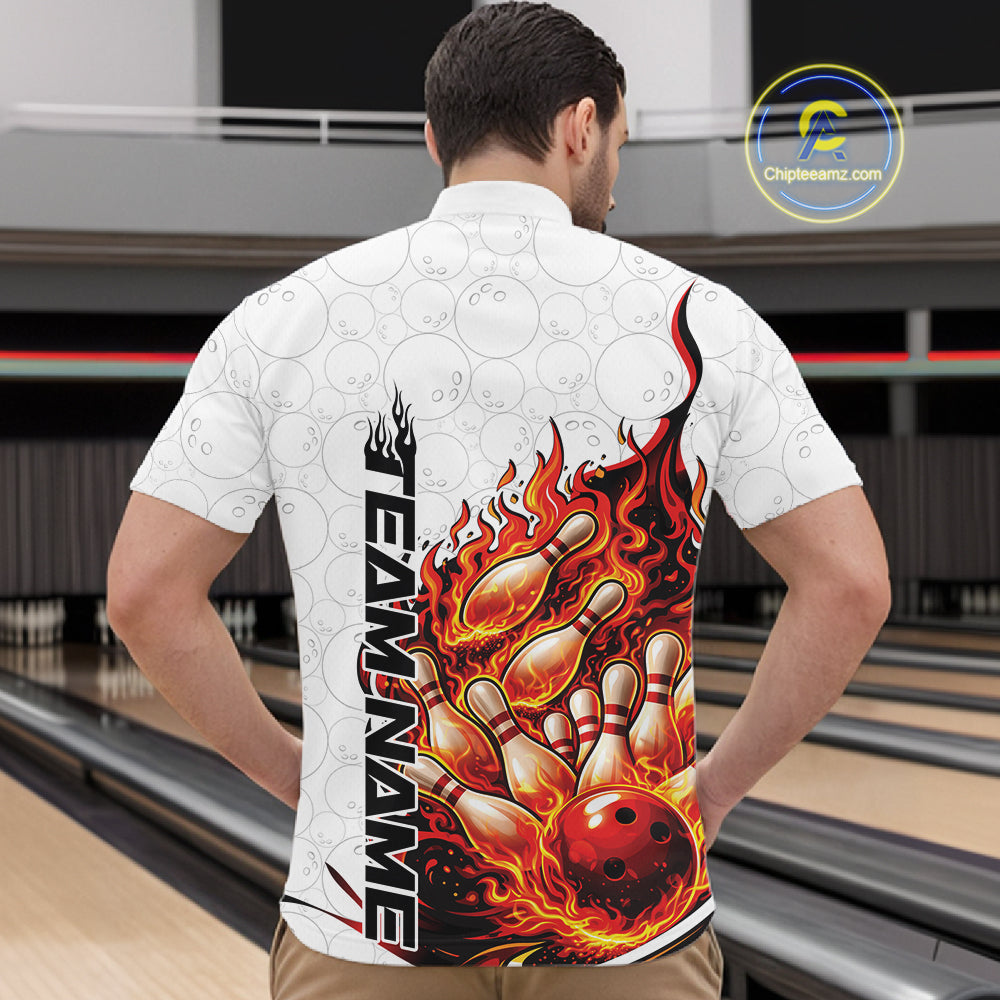 Front view male model in bowling lane wearing quarter-zip shirt featuring duck sunglasses fedora holding cash and cigar beside bowling ball and pins illustration