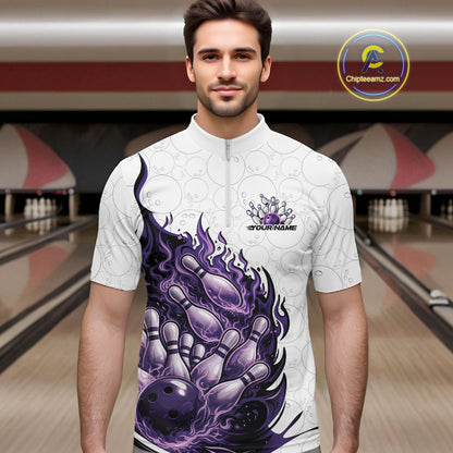 Male model in bowling lane wearing quarter-zip shirt with flaming bowling ball crashing pins white red dynamic sports artwork