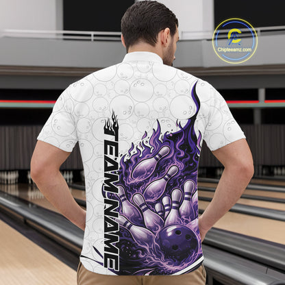 Front view male model in bowling lane wearing quarter-zip shirt featuring flaming bowling ball crashing pins white red fiery design
