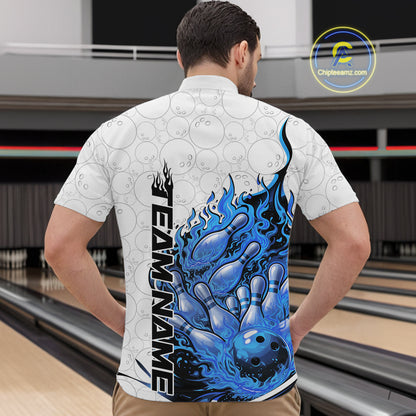 Front view male model in bowling lane wearing quarter-zip shirt featuring flaming bowling ball crashing pins white blue purple fiery design