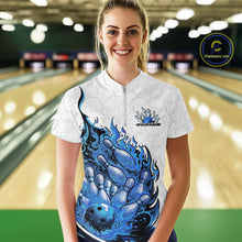 Load image into Gallery viewer, Cusom Blue Flame Bowling Women Quarter-Zip Team Shirt, Fire Bowling Tournament Jersey IPHW11129