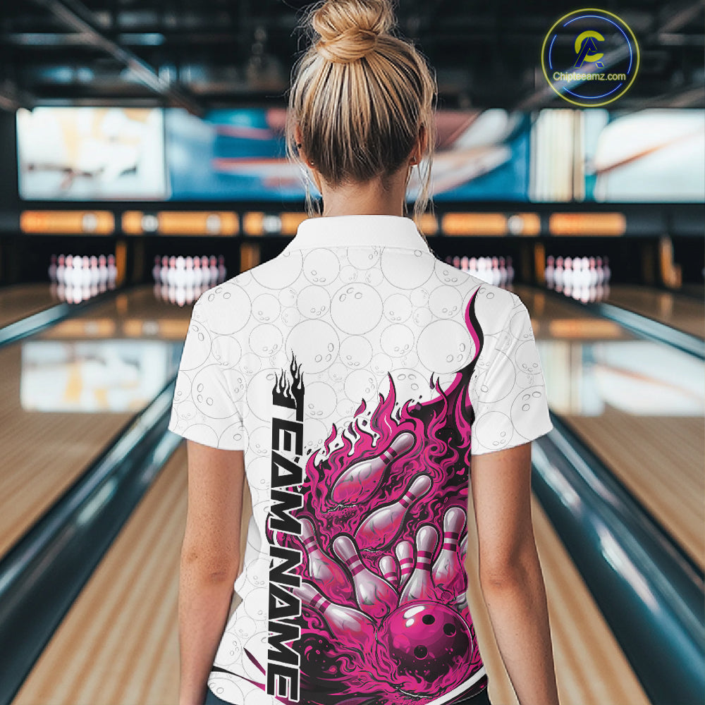 Back view female model in bowling lane wearing polo shirt with flaming bowling ball crashing into pins pink dynamic fire bowling design