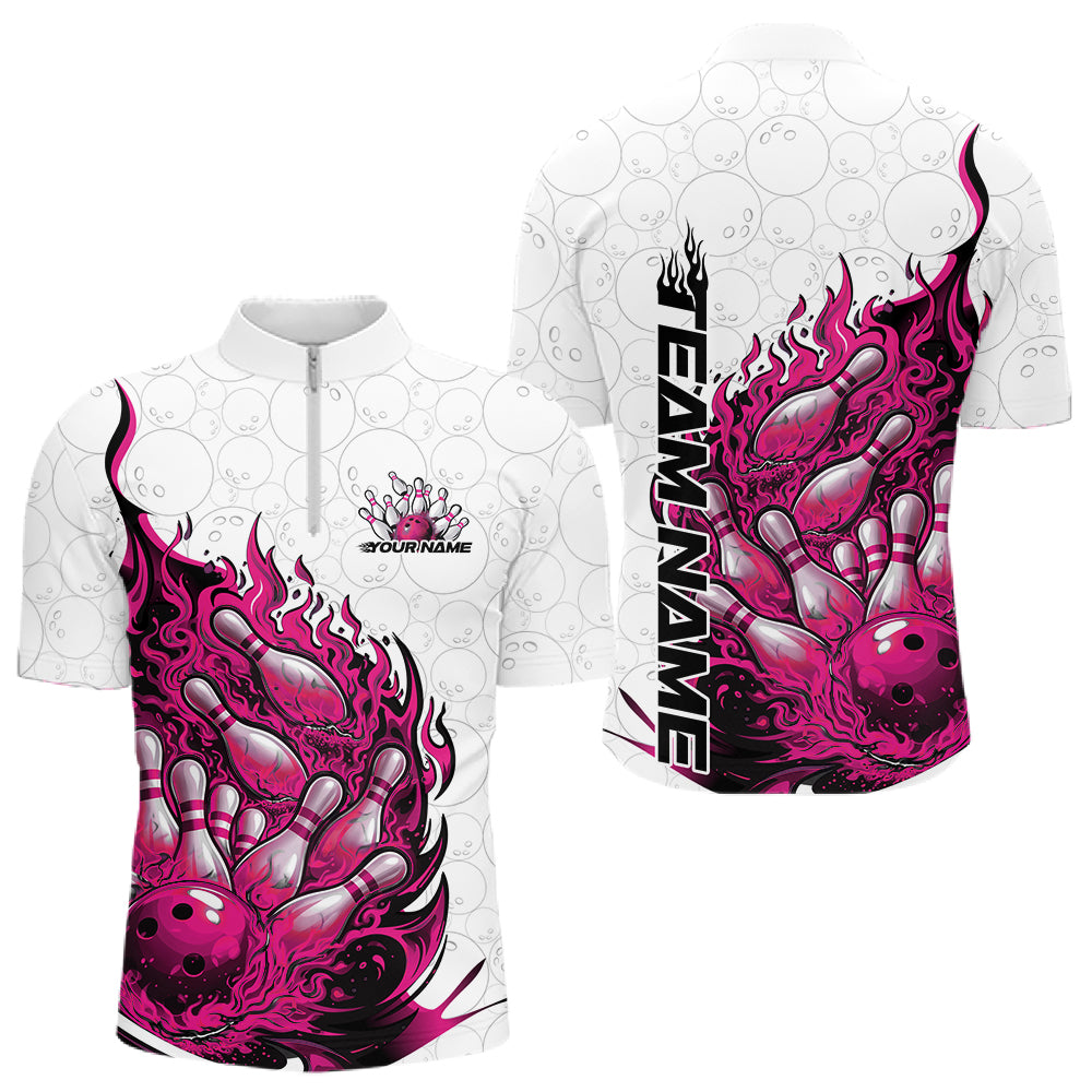 Front and back view men’s quarter-zip bowling shirt mockup featuring flaming bowling ball crashing into pins fiery style on white and blue fabric