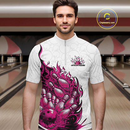 Male model in bowling lane wearing quarter-zip shirt with flaming bowling ball crashing pins white blue dynamic sports artwork