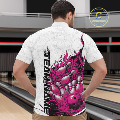 Front view male model in bowling lane wearing quarter-zip shirt featuring flaming bowling ball crashing pins white blue fiery design