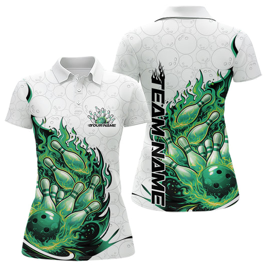 Front and back view women’s polo shirt mockup featuring flaming bowling ball crashing into pins fiery style artwork on white and green fabric