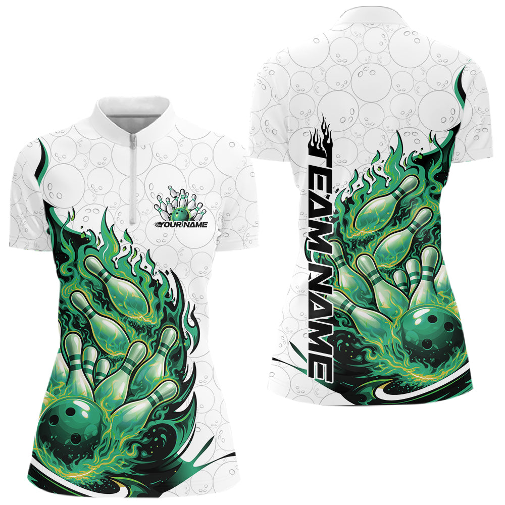 Front and back mockup of womens bowling quarter zip in white and green featuring flaming bowling ball crashing into pins with energetic fire themed sports artwork.