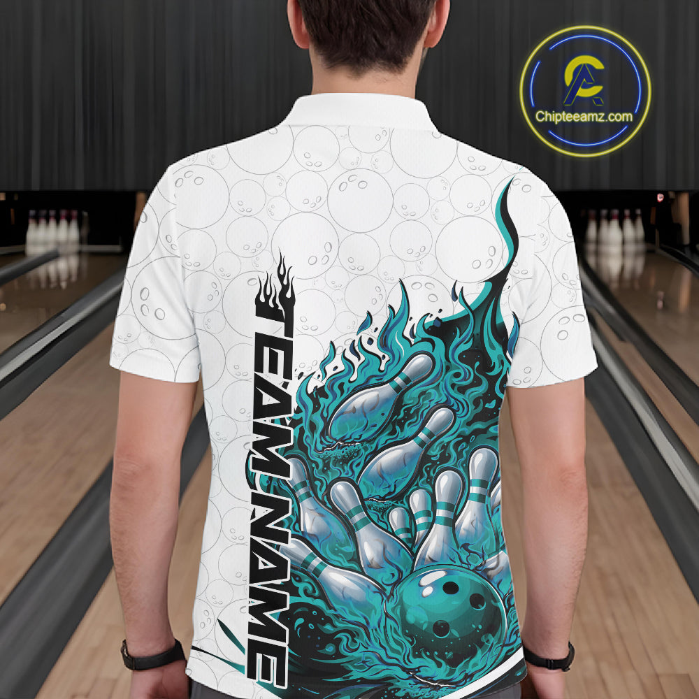 Back view of a white and turquoise blue bowling polo displaying a flaming bowling strike illustration.