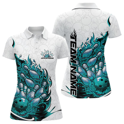 Front and back view women’s polo shirt mockup featuring flaming bowling ball crashing into pins fiery style design on white and turquoise blue fabric