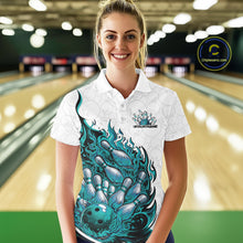 Load image into Gallery viewer, Cusom Turquoise Blue Flame Bowling Women Polo Team Shirt, Fire Bowling Tournament Jersey IPHW11132