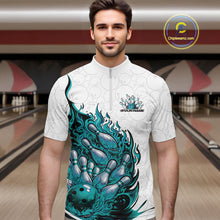 Load image into Gallery viewer, Cusom Turquoise Blue Flame Bowling Men Quarter-Zip Team Shirt, Fire Bowling Tournament Jersey IPHW11132