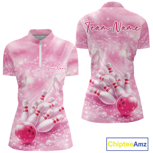Front and back view of a women’s bowling quarter zip shirt featuring a pink bowling ball striking pins with butterflies and sparkling diamond design.